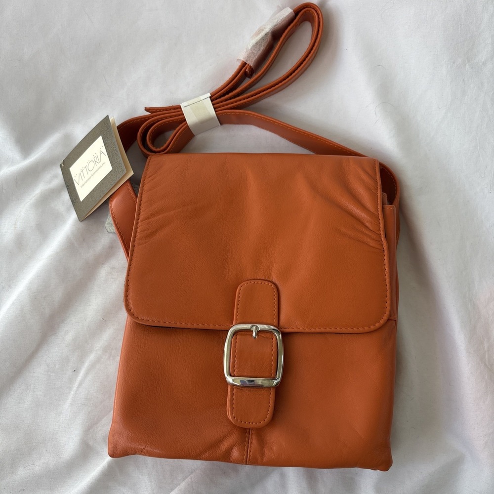 VITTORIA Genuine Leather Crossbody‎ Bag Purse Orange Silver NEW